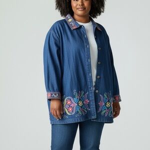 Main Street Blues - Vintage 90s Floral Embroidered Blue Denim Shirt Jacket - 2X
